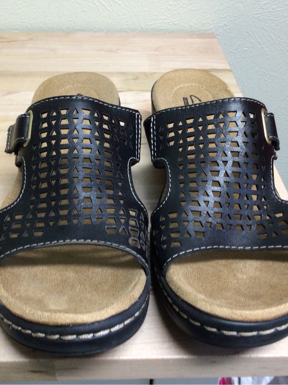 Clarks Black Cutout Slide Sandals with Buckle